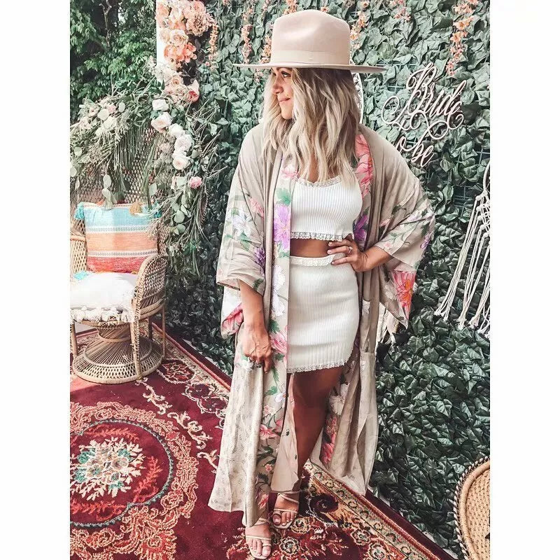 Boho Peacok Floral Print Kimono Robe Cover Up