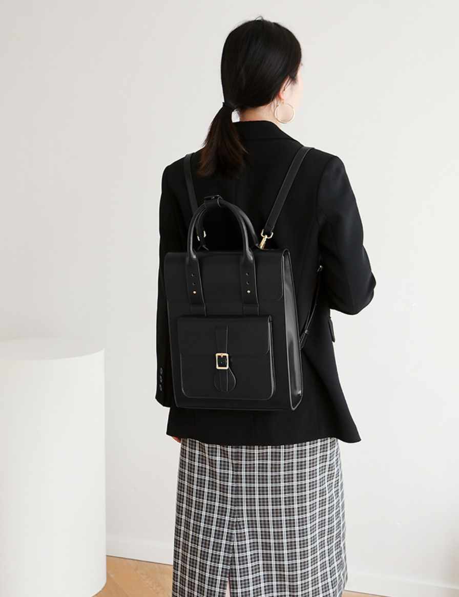 Black Large Laptop Briefcase Leather Backpack