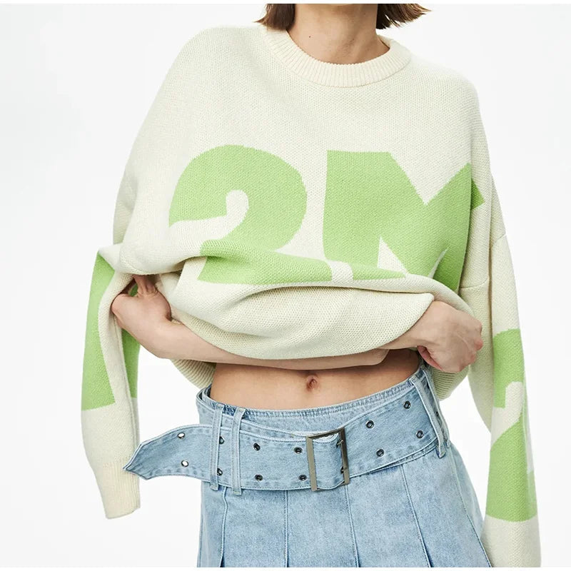 Print Knitted Pullover Long Sleeves Loose Sweater