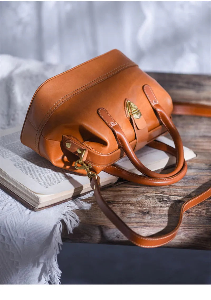 Women Leather Doctor Bag Color Block Weekend Daily Small Handbag Shoulder Bag