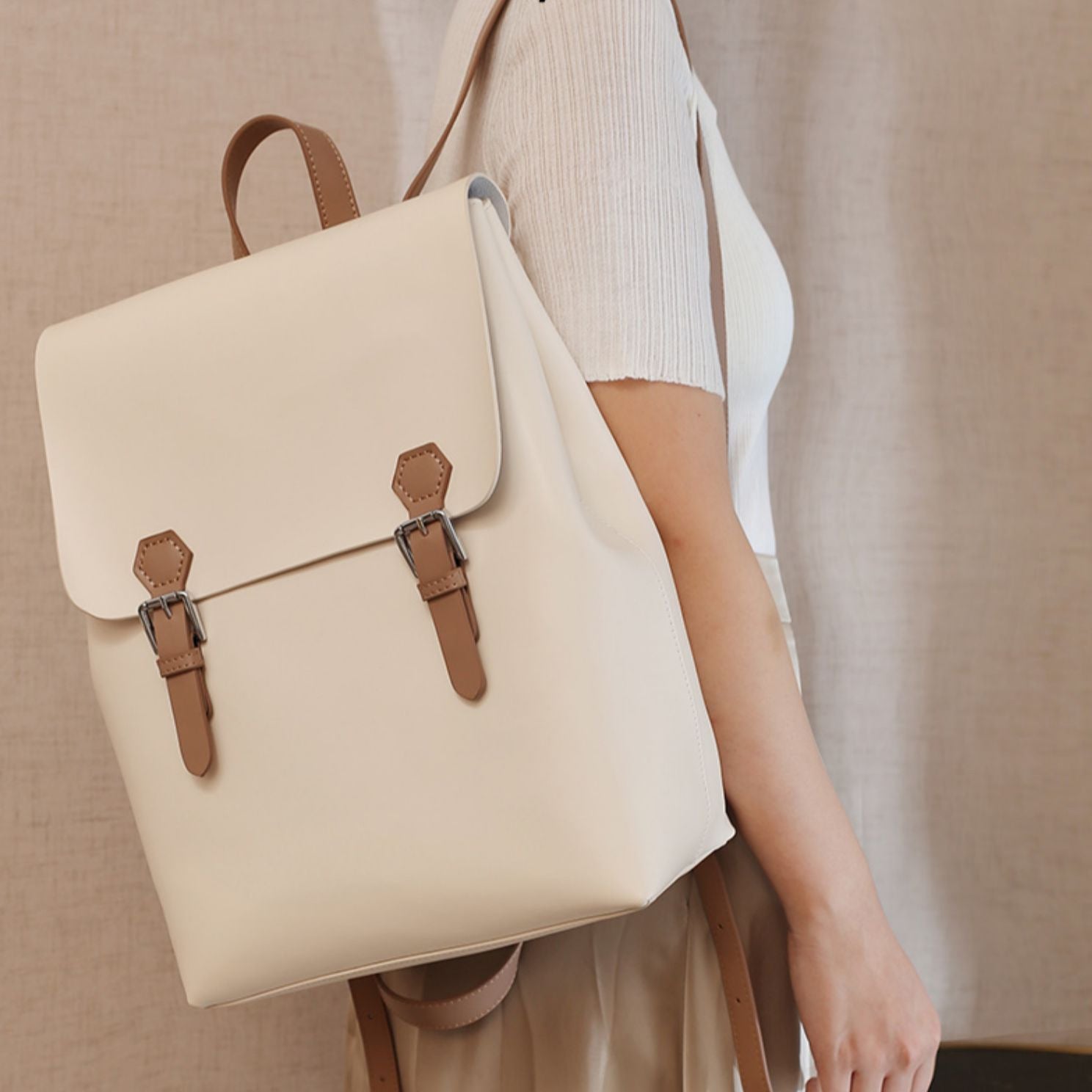 White Simper Large Leather Backpack School Bag