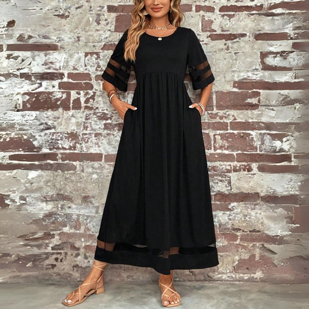 Elegant Sheer Sleeves Round Neck Maxi Dress