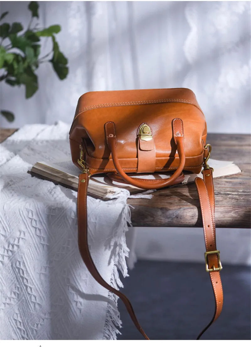 Women Leather Doctor Bag Color Block Weekend Daily Small Handbag Shoulder Bag