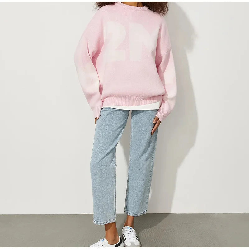 Print Knitted Pullover Long Sleeves Loose Sweater