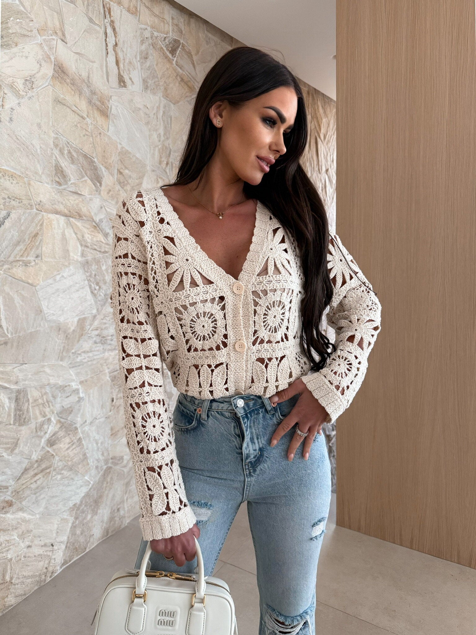 Beige Hollow Crochet Knitted Coverup Top