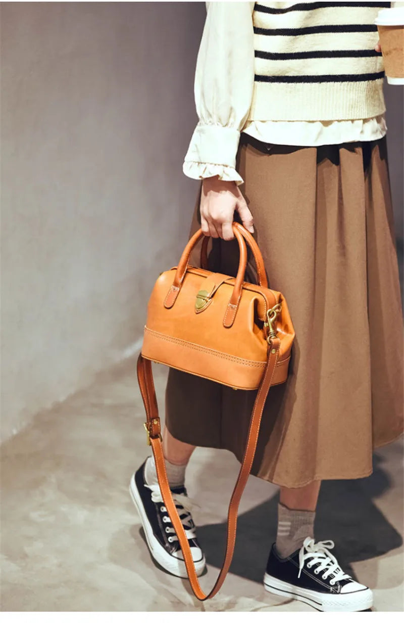 Women Leather Doctor Bag Color Block Weekend Daily Small Handbag Shoulder Bag