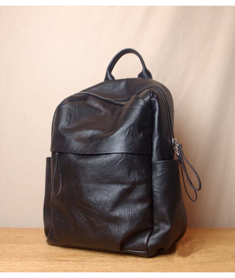 Simple Large Black Leather Backpack Bag