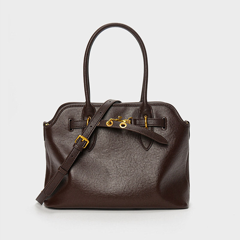 Top Grain Large Leather Tote Bag With Drawstring Buckle
