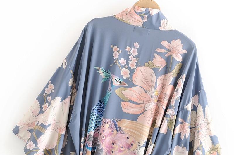 Boho Peacok Floral Print Kimono Robe Cover Up