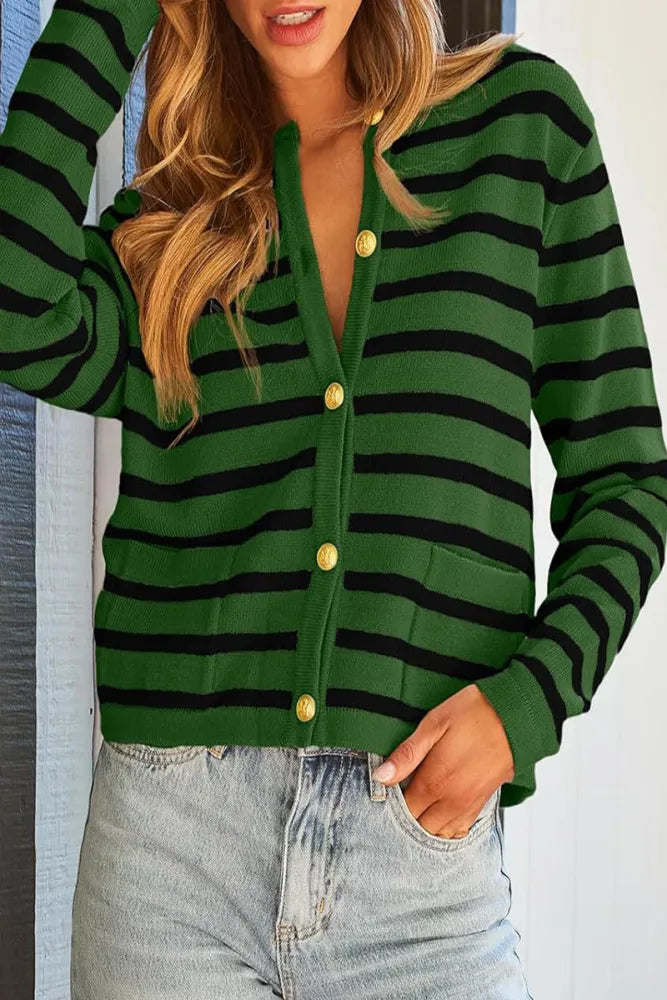 Casual Stripe Buttons Round Neck Cardigan
