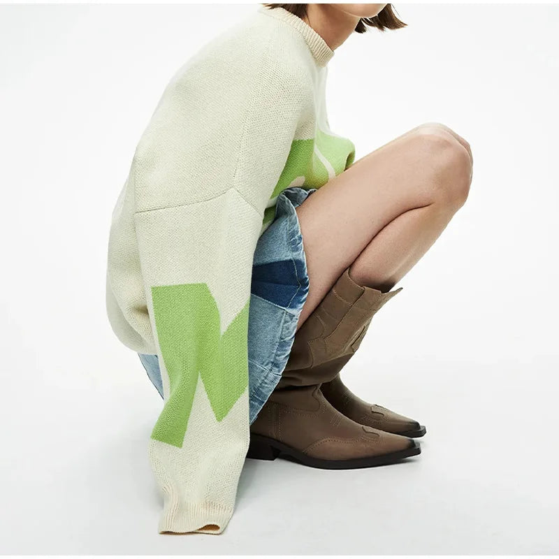 Print Knitted Pullover Long Sleeves Loose Sweater