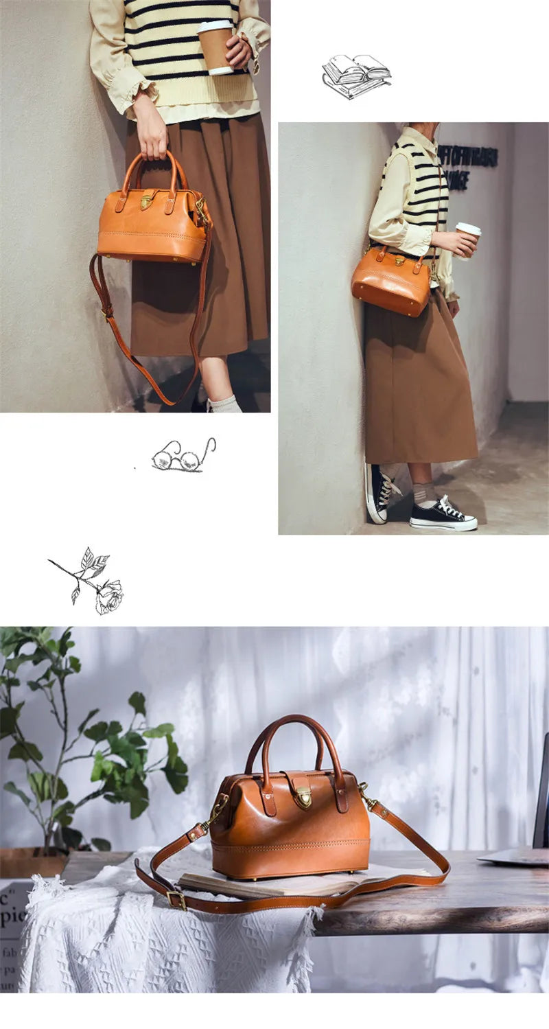 Women Leather Doctor Bag Color Block Weekend Daily Small Handbag Shoulder Bag