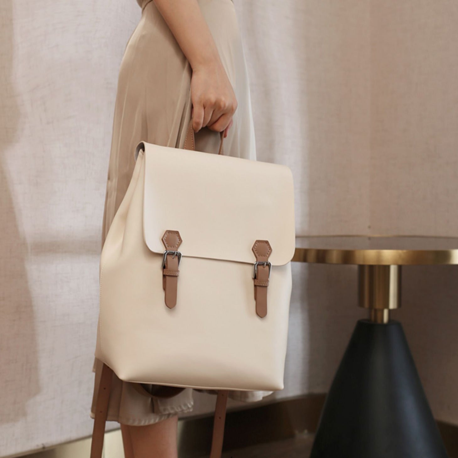 White Simper Large Leather Backpack School Bag