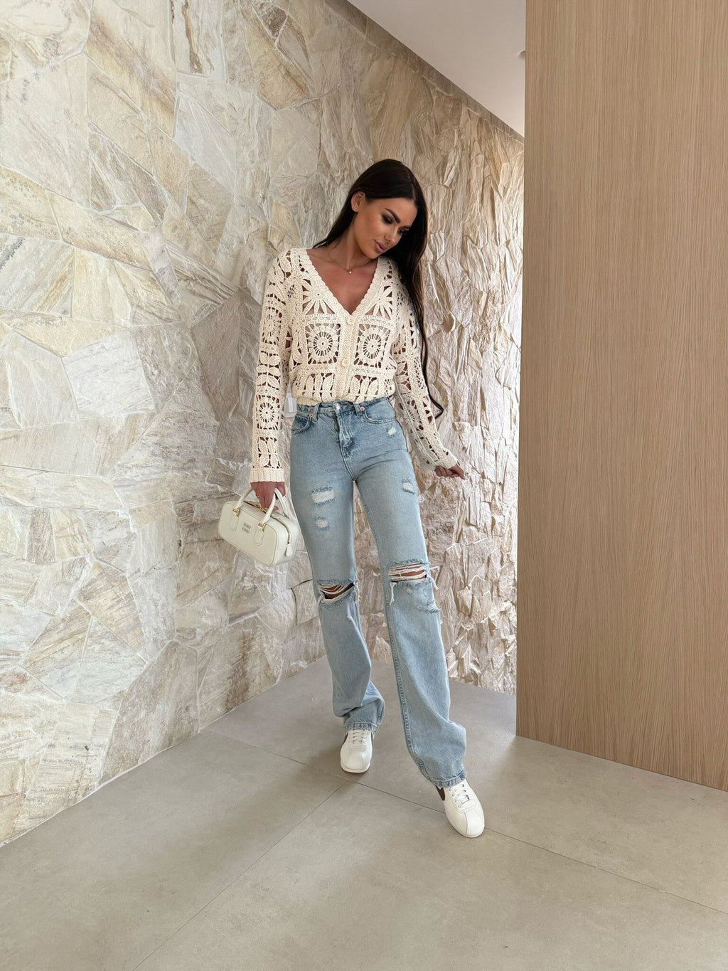 Beige Hollow Crochet Knitted Coverup Top