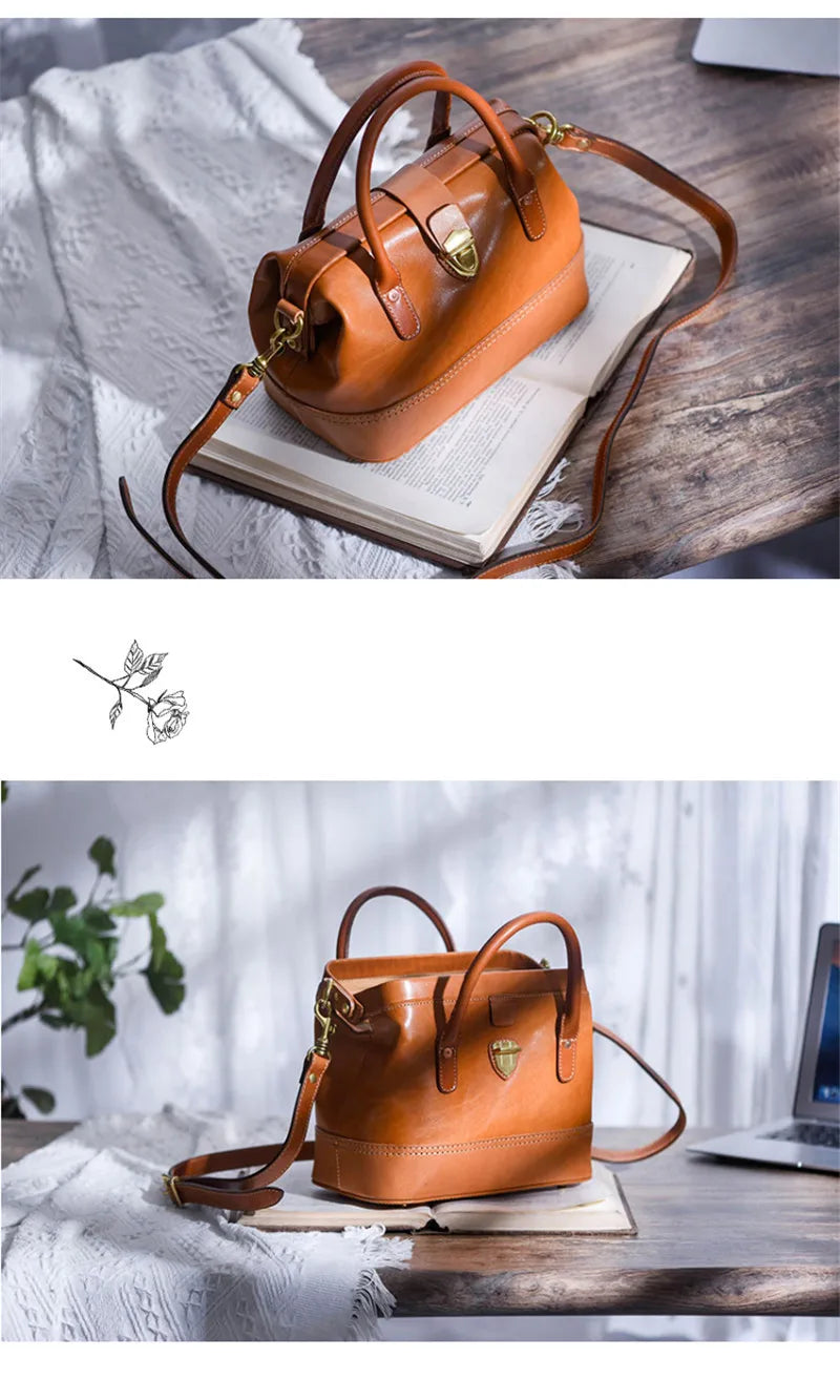 Women Leather Doctor Bag Color Block Weekend Daily Small Handbag Shoulder Bag