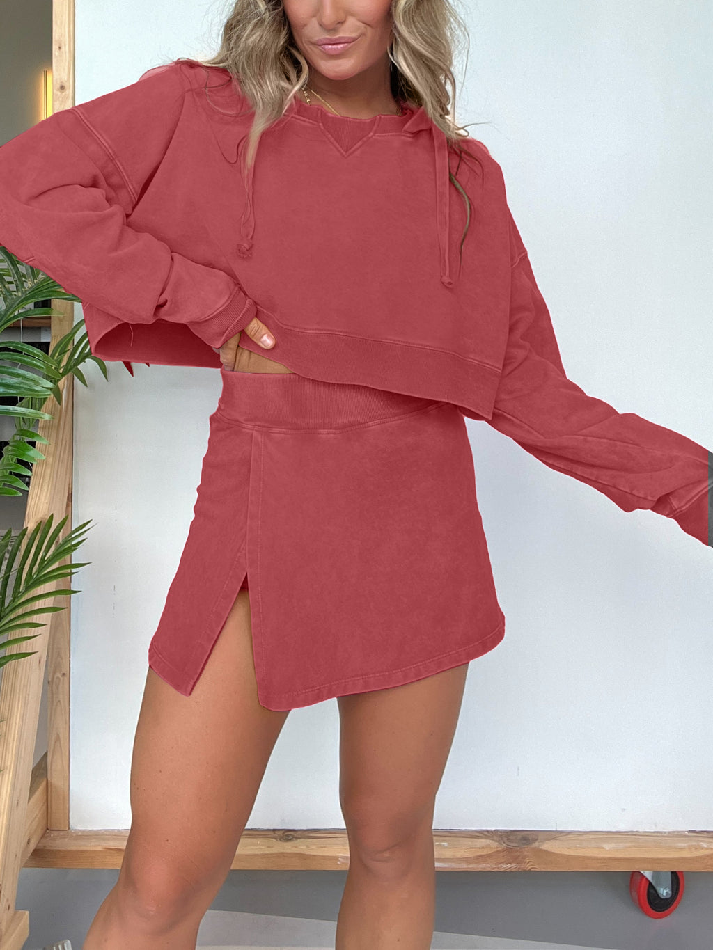 Long Sleeves Cropped Hoodie Split Front Skirt Set