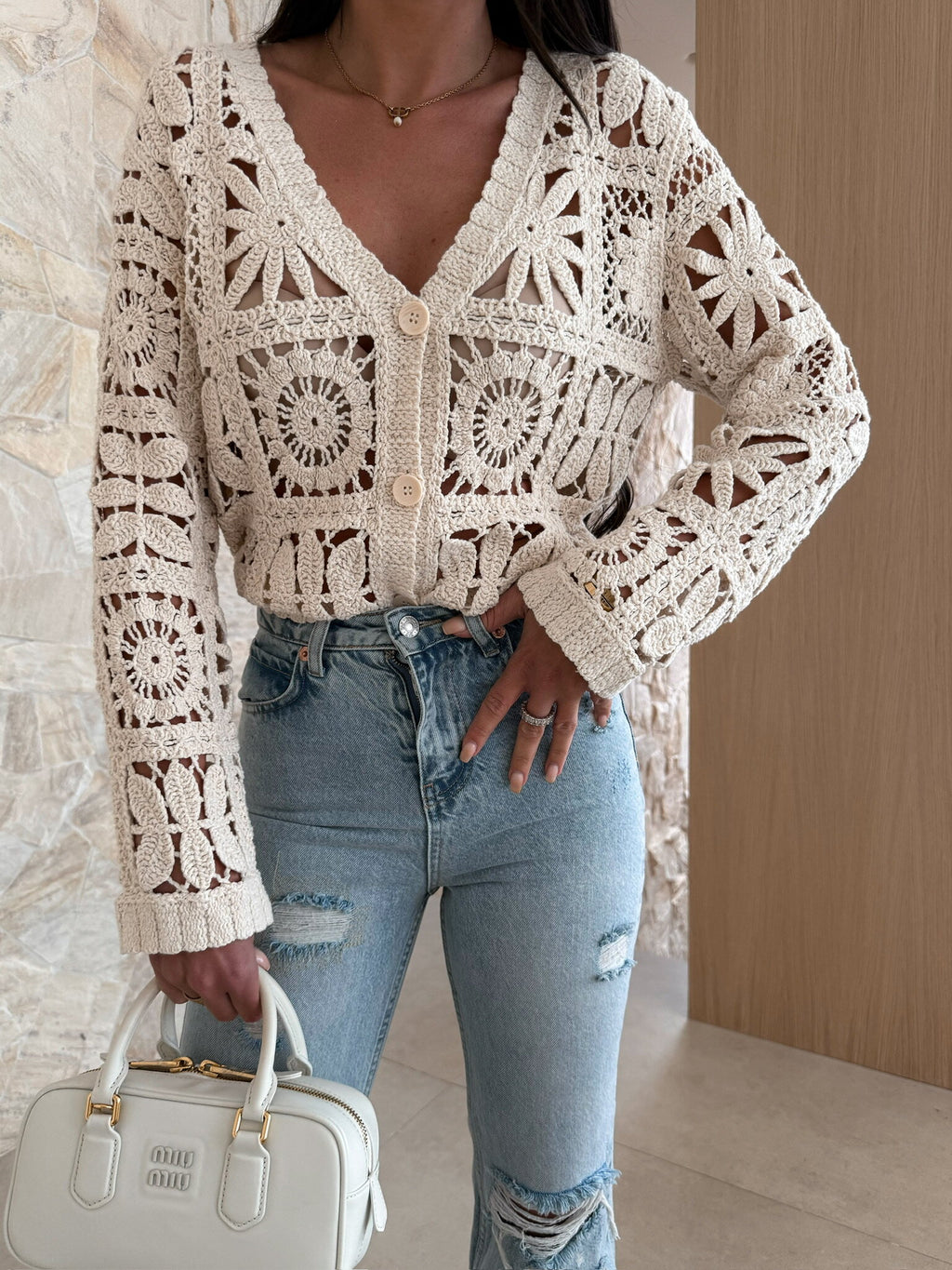 Beige Hollow Crochet Knitted Coverup Top