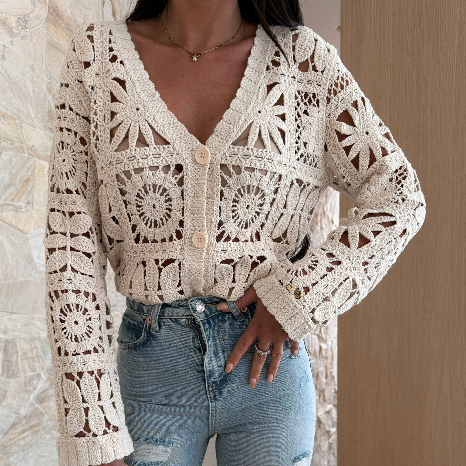 Beige Hollow Crochet Knitted Coverup Top