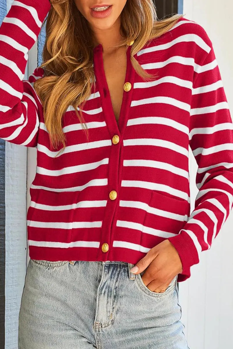Casual Stripe Buttons Round Neck Cardigan