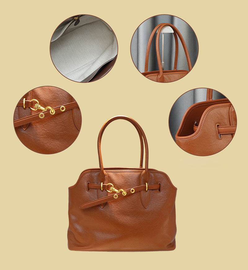Top Grain Large Leather Tote Bag With Drawstring Buckle