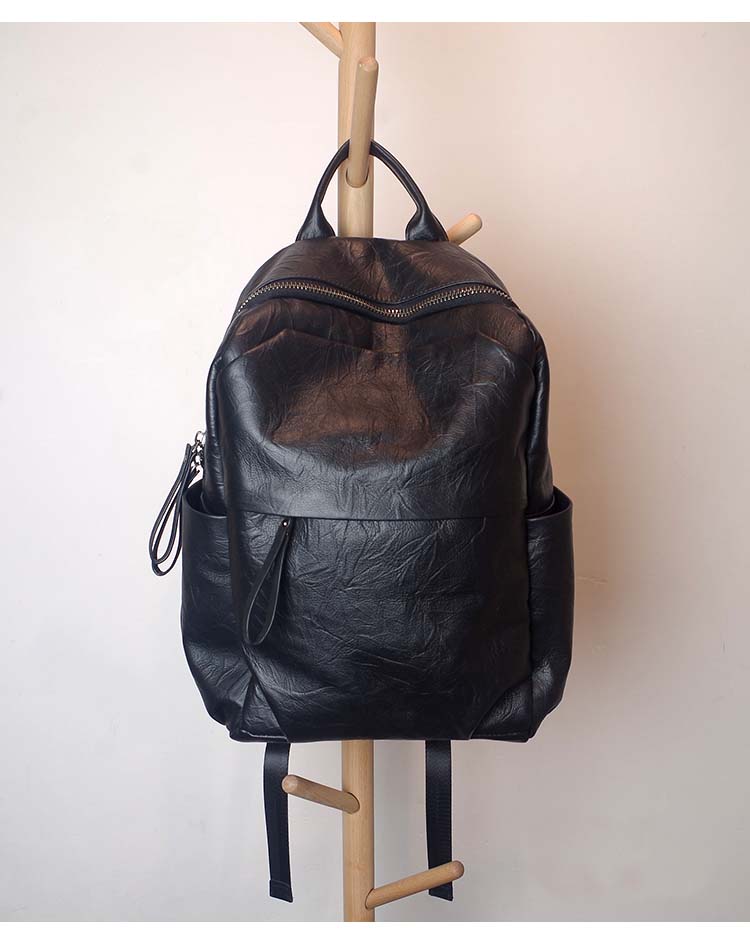 Simple Large Black Leather Backpack Bag