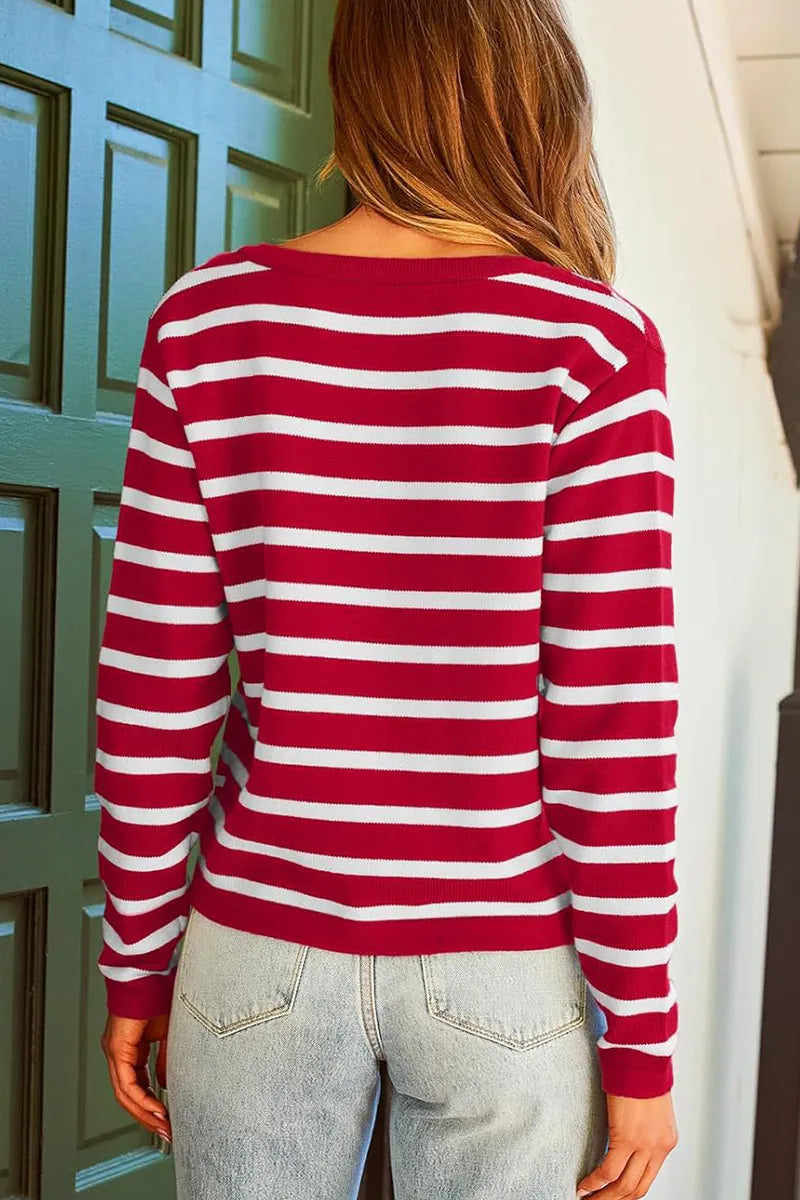 Casual Stripe Buttons Round Neck Cardigan