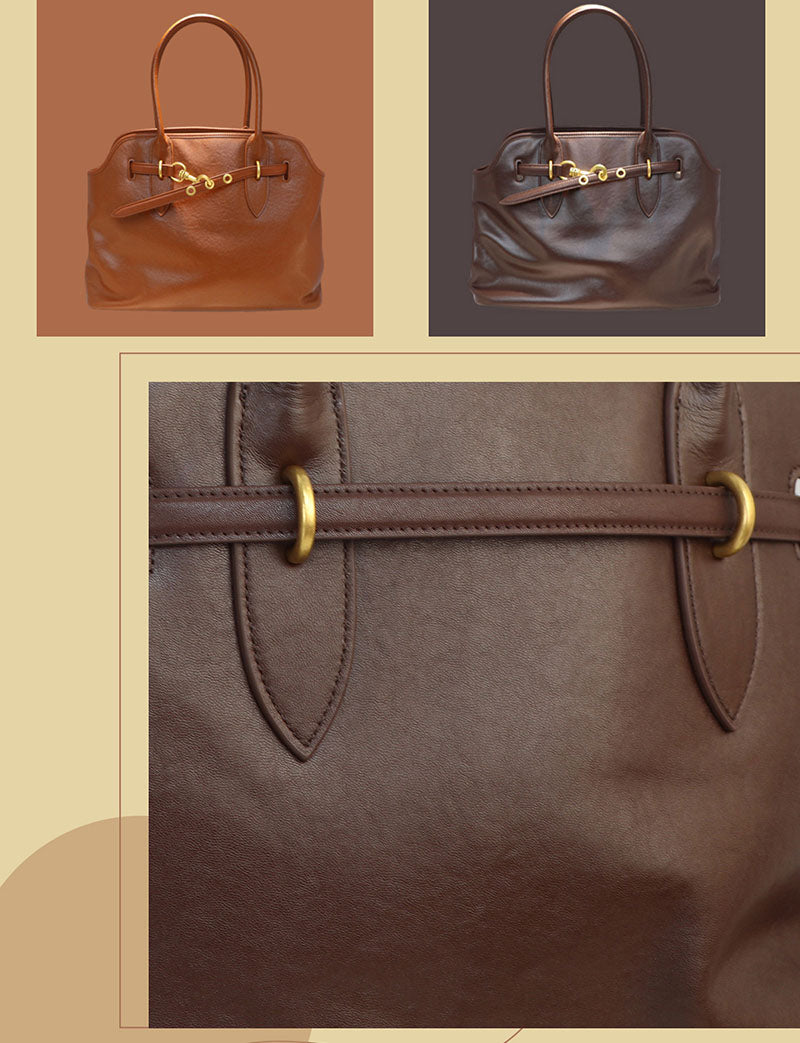 Top Grain Large Leather Tote Bag With Drawstring Buckle