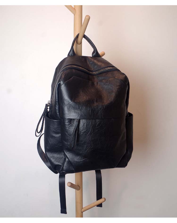 Simple Large Black Leather Backpack Bag