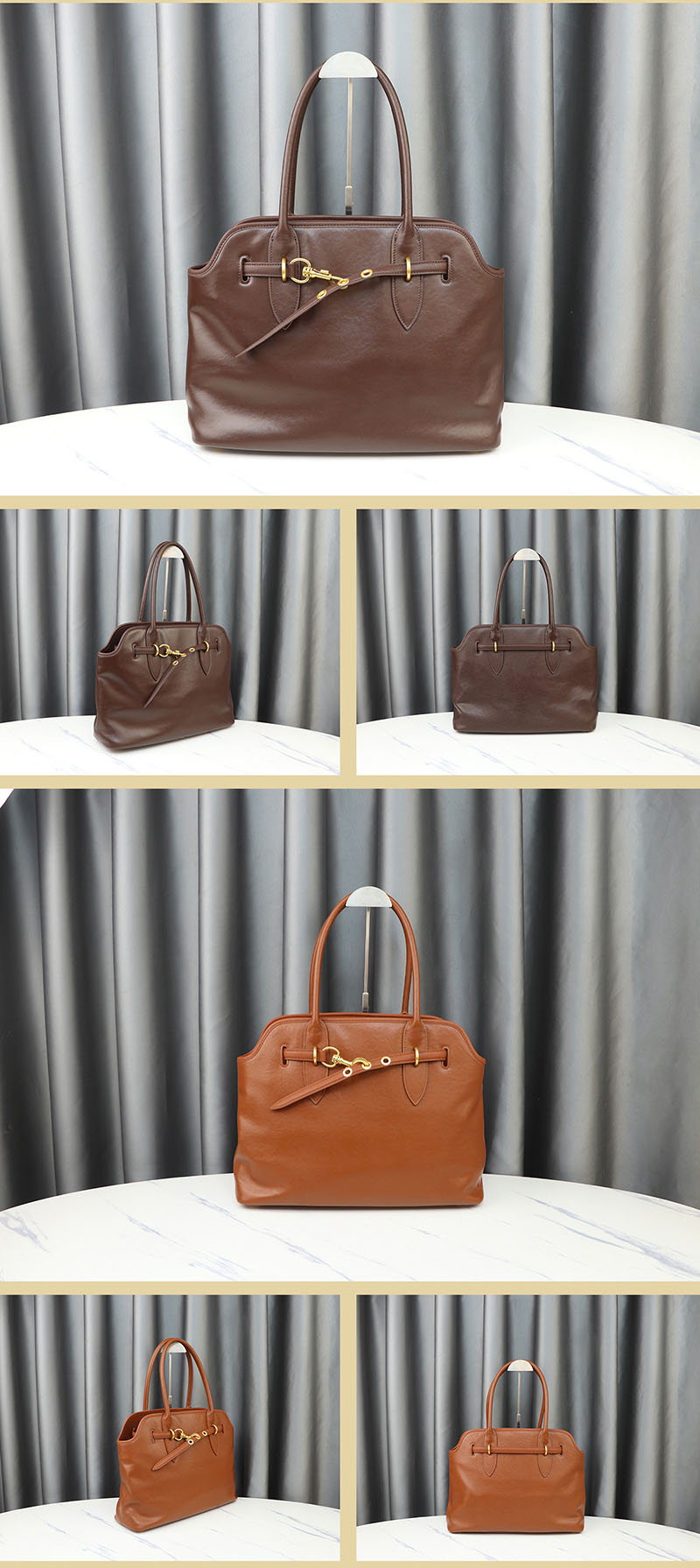 Top Grain Large Leather Tote Bag With Drawstring Buckle