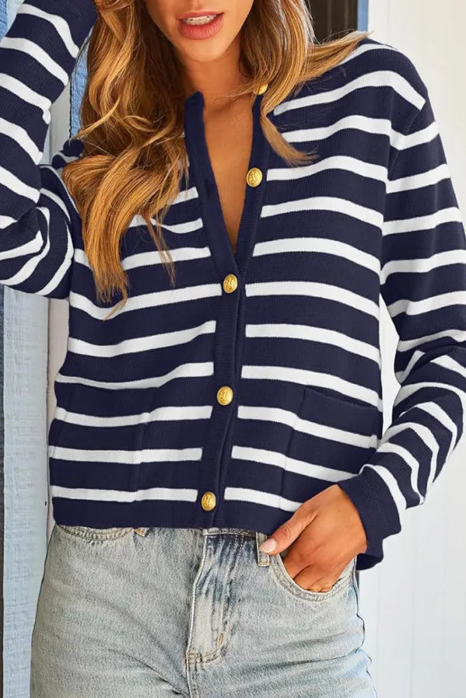 Casual Stripe Buttons Round Neck Cardigan
