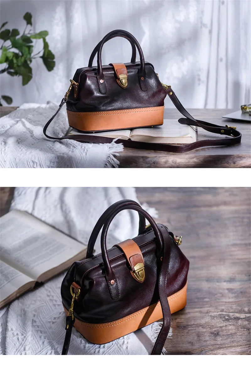 Women Leather Doctor Bag Color Block Weekend Daily Small Handbag Shoulder Bag