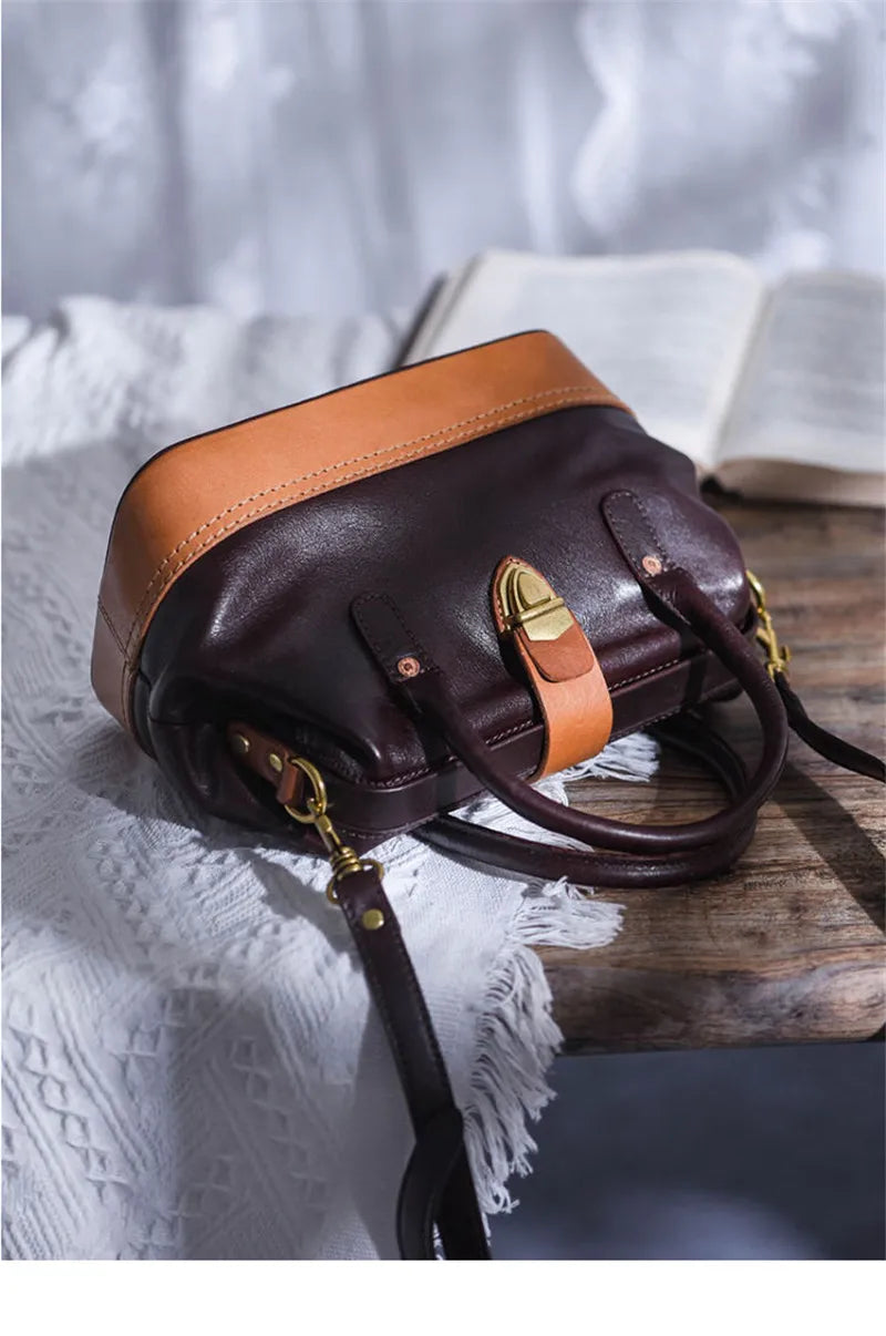 Women Leather Doctor Bag Color Block Weekend Daily Small Handbag Shoulder Bag