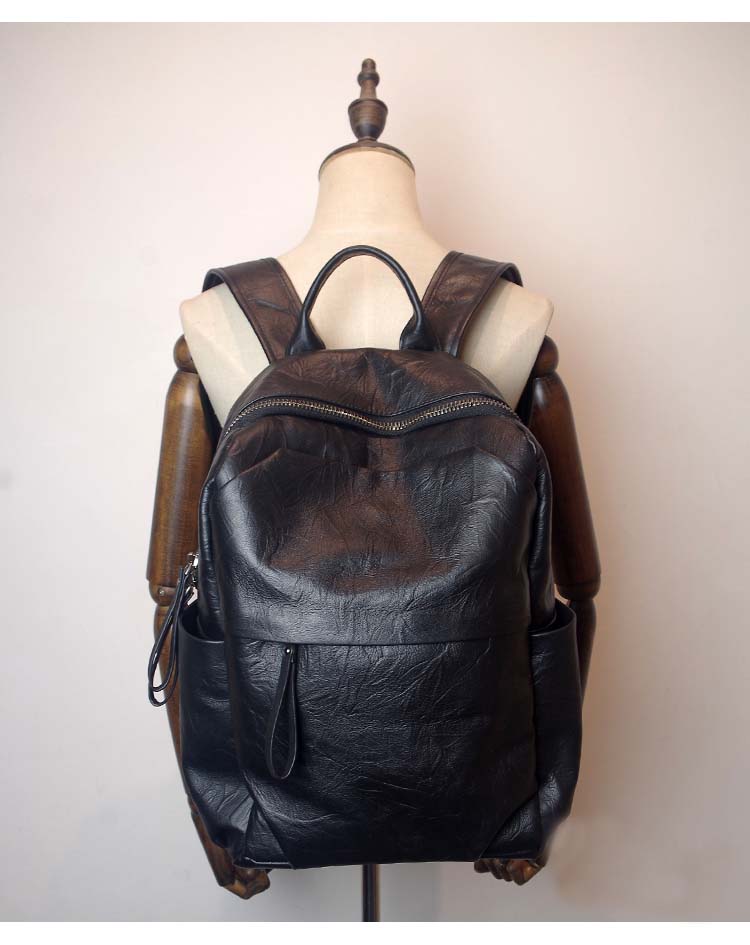 Simple Large Black Leather Backpack Bag