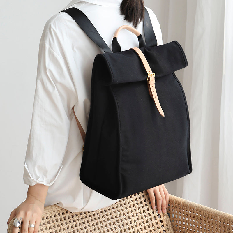 Black Canvas Folded Backpack Laptop Bag for Women