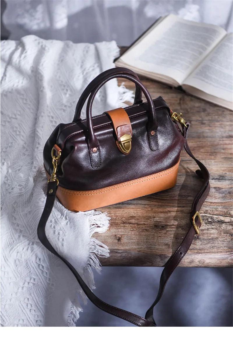 Women Leather Doctor Bag Color Block Weekend Daily Small Handbag Shoulder Bag