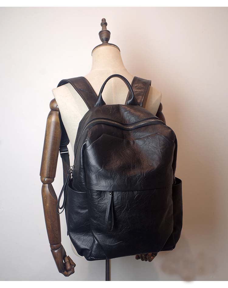 Simple Large Black Leather Backpack Bag