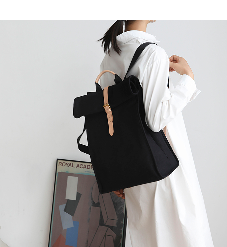 Black Canvas Folded Backpack Laptop Bag for Women