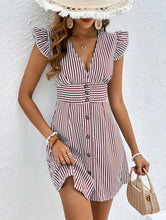 Load image into Gallery viewer, Stripped V-neck Buttons Flutter Sleeves Mini Dress
