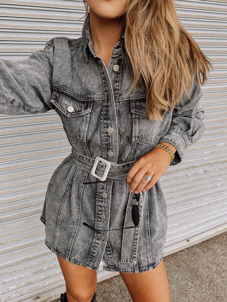 Gray Long Sleeves Pockets Buttons Down Denim Mini Dress