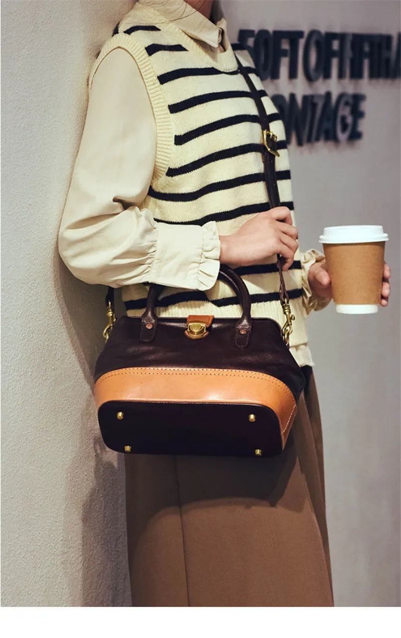 Women Leather Doctor Bag Color Block Weekend Daily Small Handbag Shoulder Bag