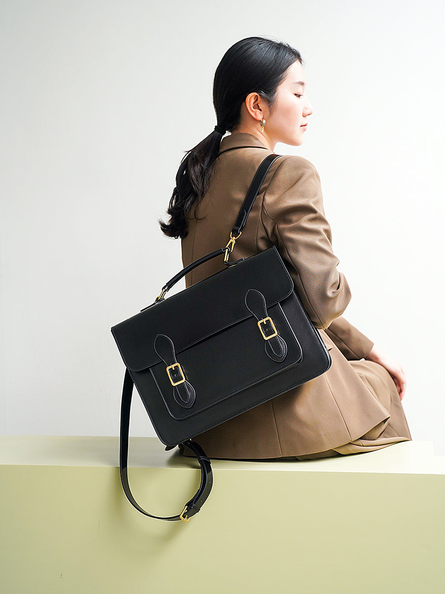 Black Classic Convertible Leather Backpack School Bag Satchel Briefcase Handbag