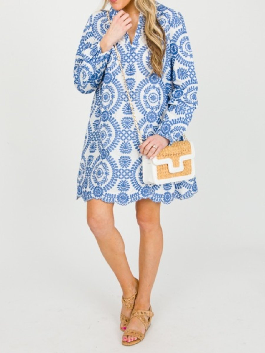 Long Sleeve Embroidered Hollow Out Mini Dress
