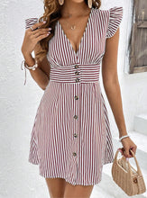 Load image into Gallery viewer, Stripped V-neck Buttons Flutter Sleeves Mini Dress
