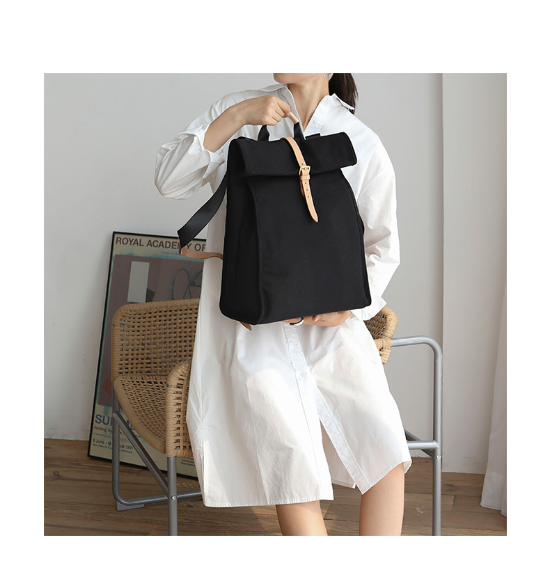 Black Canvas Folded Backpack Laptop Bag for Women