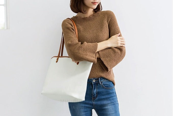 White Color Block Large Leather Tote