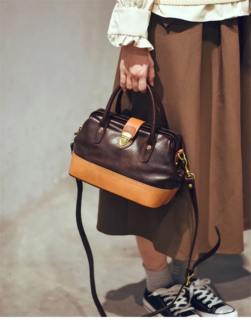 Women Leather Doctor Bag Color Block Weekend Daily Small Handbag Shoulder Bag