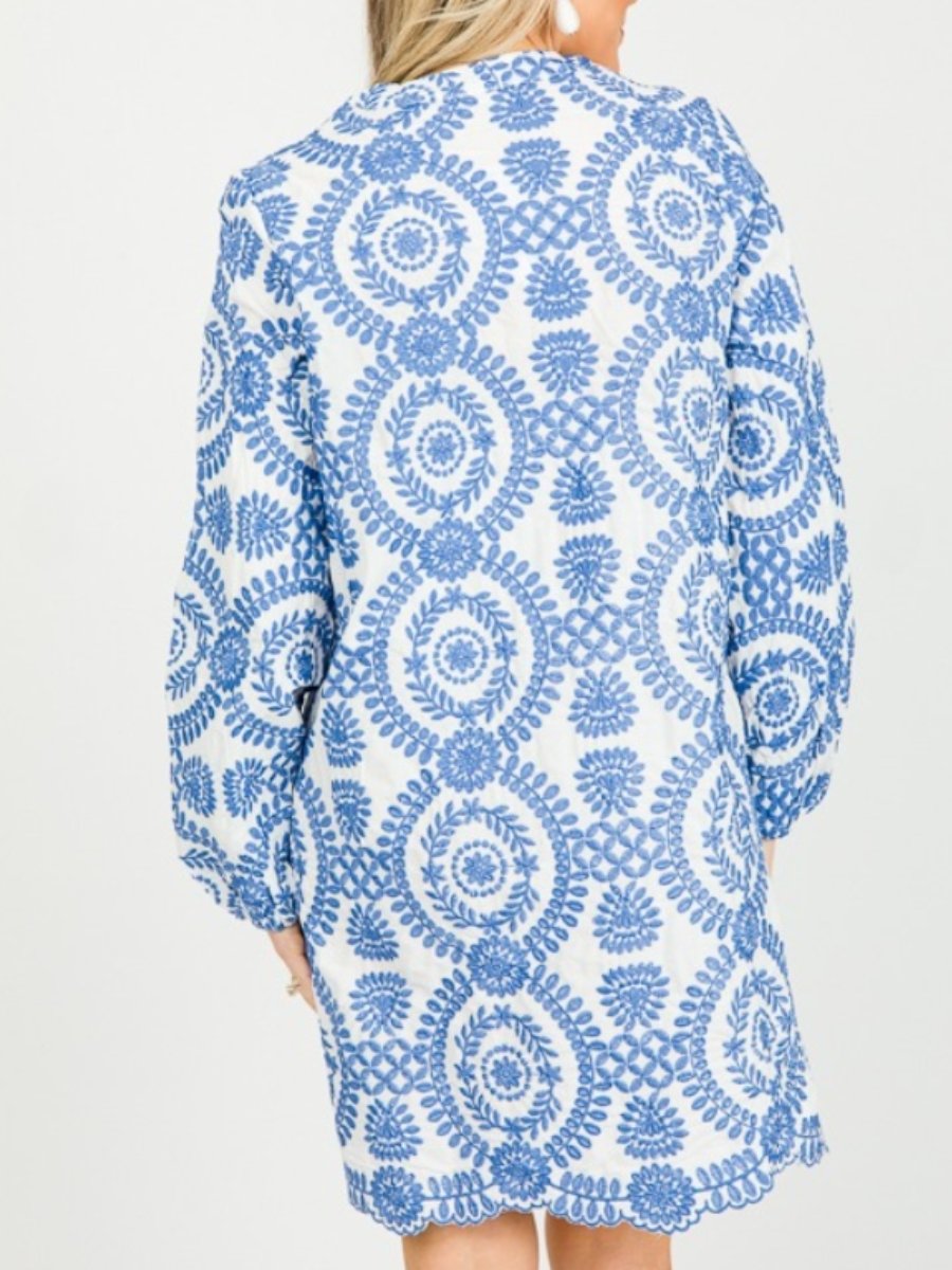 Long Sleeve Embroidered Hollow Out Mini Dress