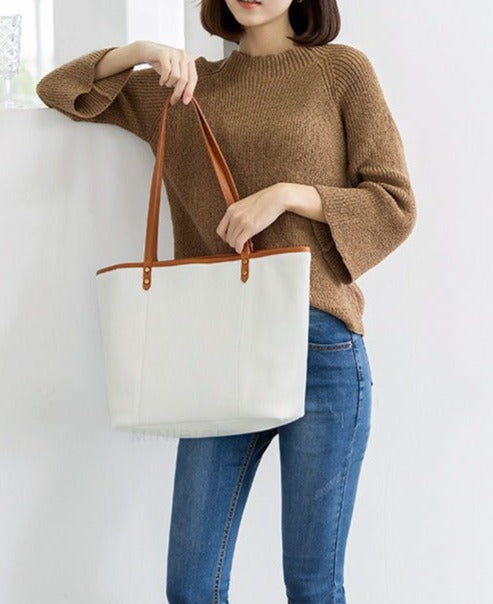 White Color Block Large Leather Tote
