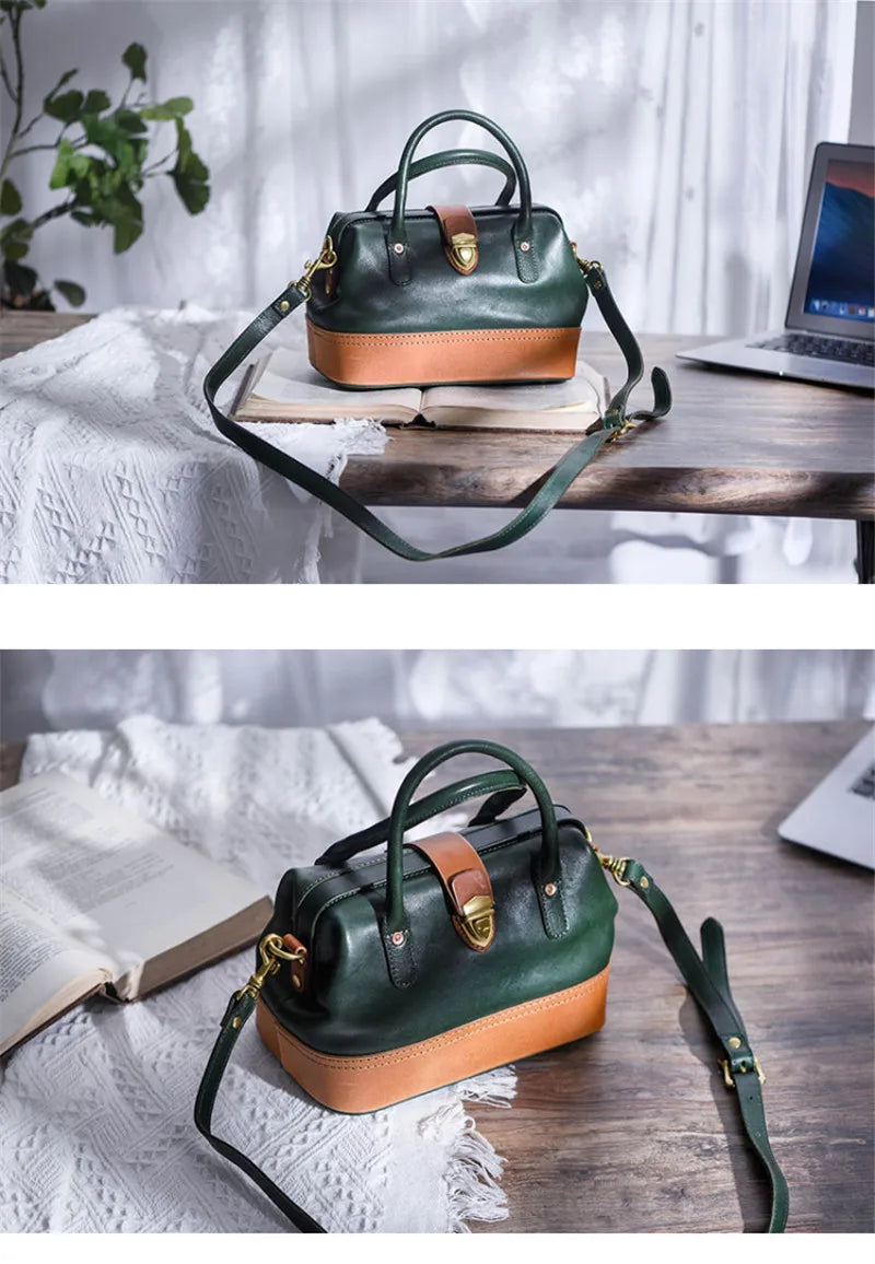 Women Leather Doctor Bag Color Block Weekend Daily Small Handbag Shoulder Bag