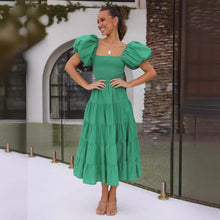 Load image into Gallery viewer, Simple Puff Short Sleeves Tiered Smocked Midi Dress
